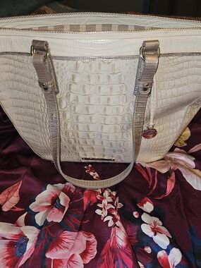 Brahmin Cream Croc-Embossed Tote with Taupe Trim